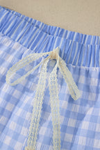 Gingham Print Ruffle Striped Detail Lace Tie Shorts