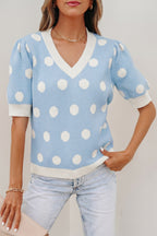 Polka Dot Puff Short Sleeve Sweater Top
