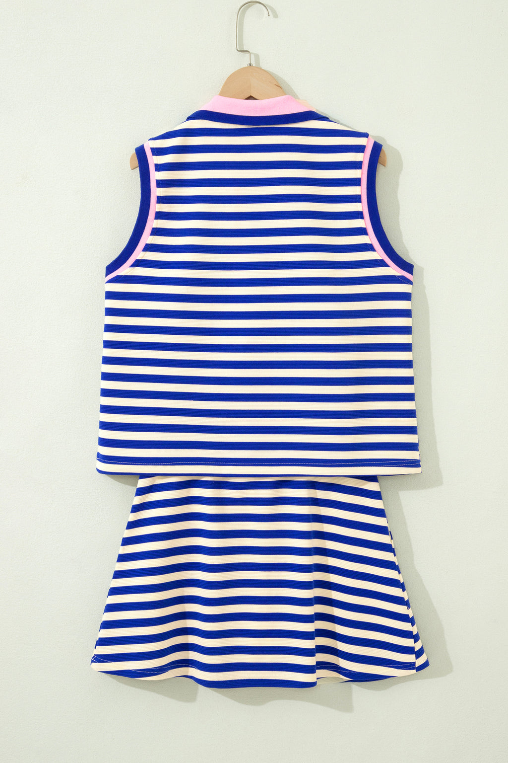 Textured Stripe Print Contrast Trim Zip Collar Sleeveless 2pcs Skort Set