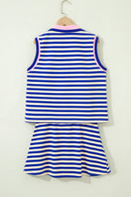 Textured Stripe Print Contrast Trim Zip Collar Sleeveless 2pcs Skort Set