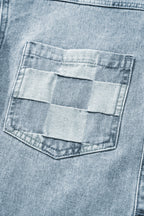 Beau Blue Denim Checkered Pattern Patchwork Womens Casual Jacket
