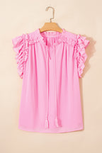 Bonbon Plus Size Textured Tassel Tie V Neck Ruffle Short Sleeve Blouse