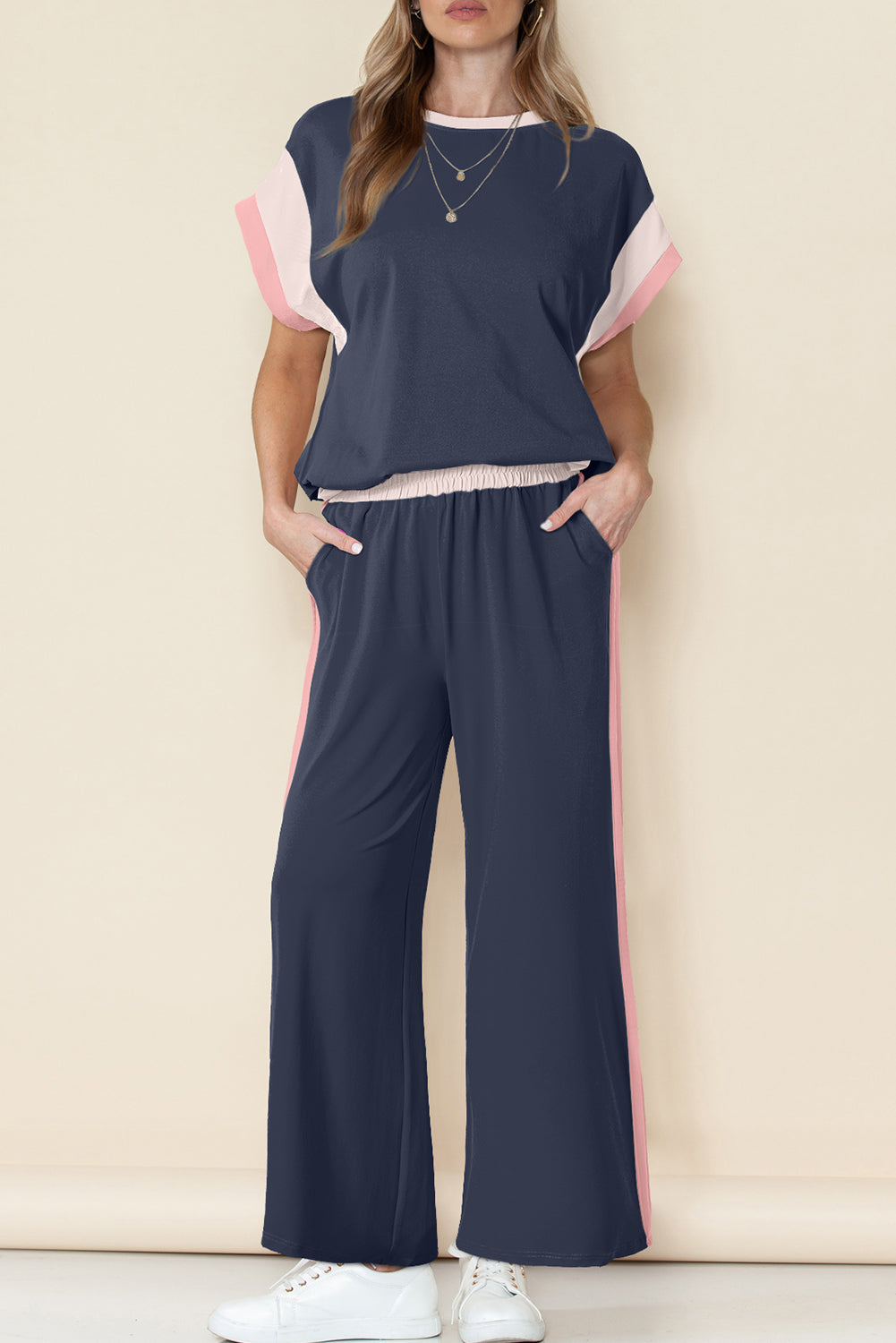 Colour Block Detail Casual Two-piece Set