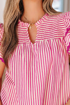 Rose Stripe Shirred Yoke Ruffled Short Sleeve Blouse