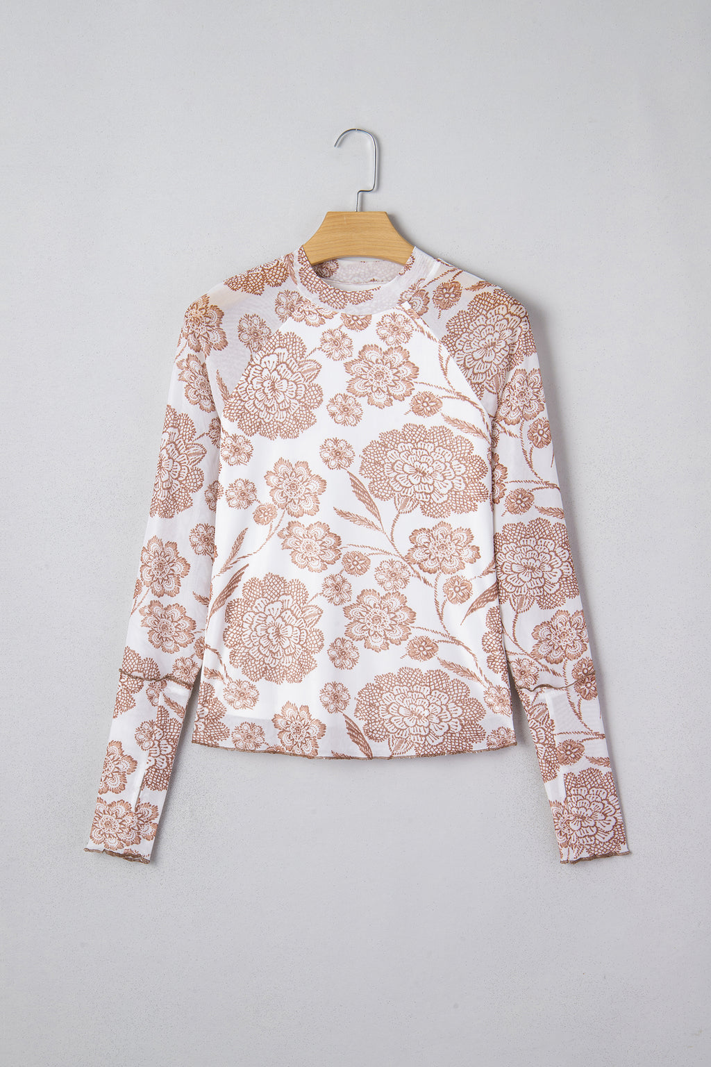 Thumbhole Long Sleeve Floral Print Mesh Top