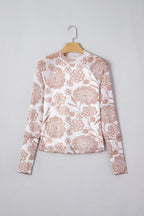 Thumbhole Long Sleeve Floral Print Mesh Top