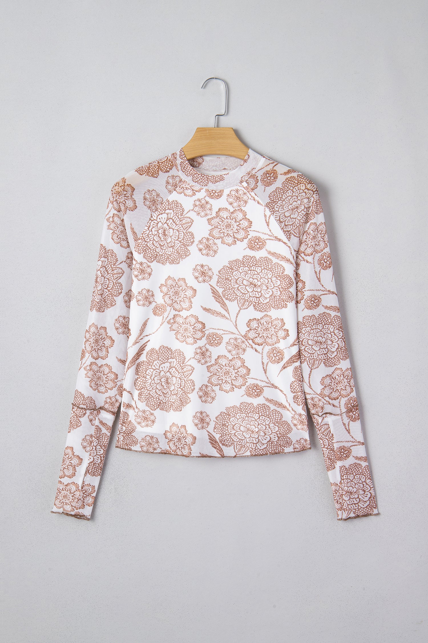 Thumbhole Long Sleeve Floral Print Mesh Top