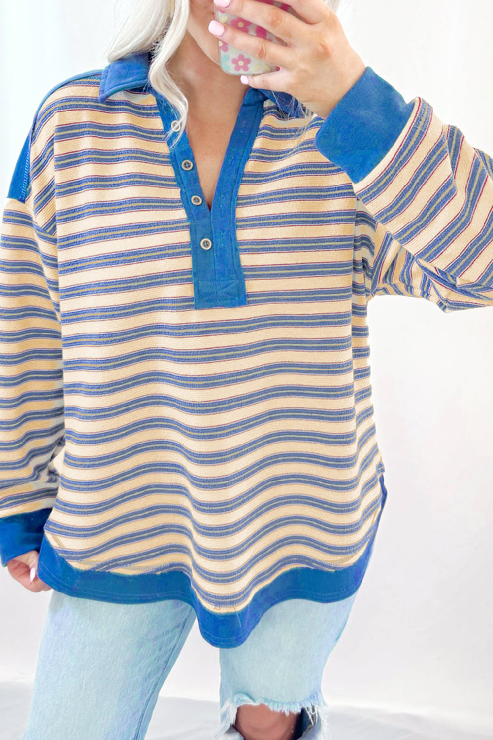 Striped Buttoned V Neck Collared Drop Shoulder Top