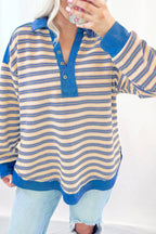Striped Buttoned V Neck Collared Drop Shoulder Top