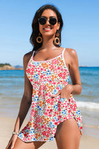 Floral Print Ricrac Trim Spaghetti Strap One Piece Swim Dress