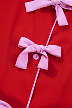 Fiery Red Contrast Trim Ribbon Bow Short Silky 2pcs Pyjama Set