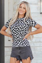 Black Checkered Print Mock Neck Mesh T Shirt