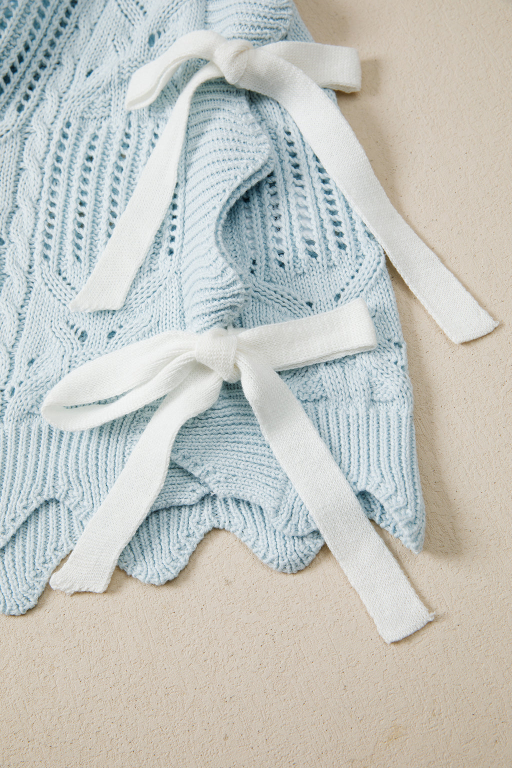 Pointelle Knit Patterned Scalloped Trim Short Sleeve Sweater
