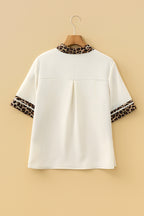 Jet Stream Leopard Patchwork Trim Split Neck Short Sleeve Blouse