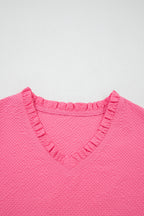 Sachet Pink Frilled V Neck Flower Embroidered Puff Sleeve Textured Blouse