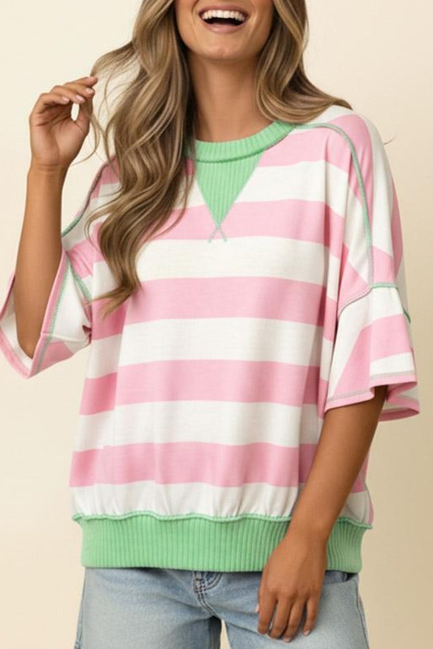 Striped Exposed Seam Ribbed Patchwork Oversized Tee