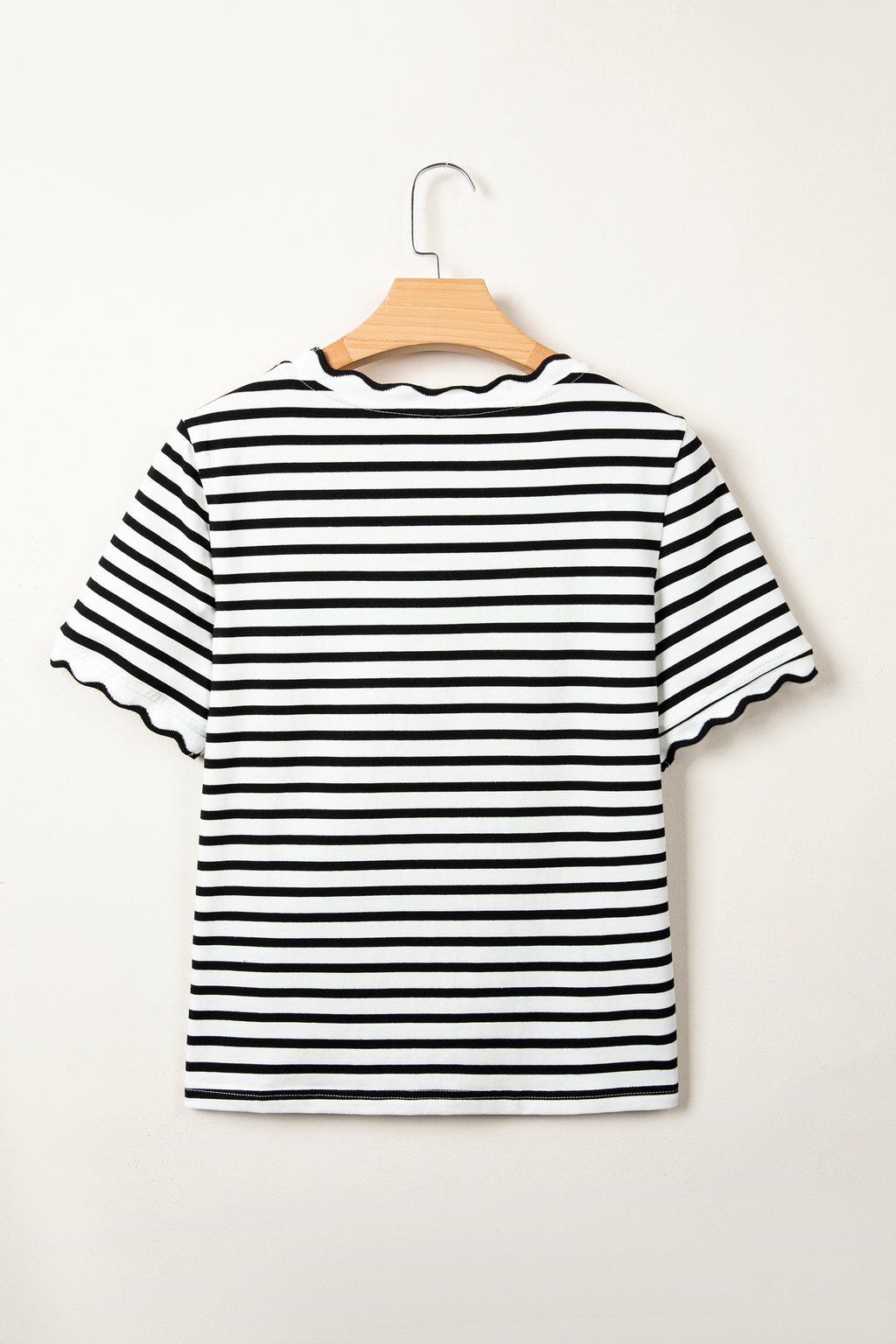 Striped Scalloped Trim Round Neck T Shirt
