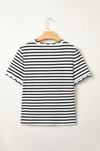 Striped Scalloped Trim Round Neck T Shirt