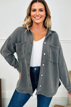 Medium Grey Mineral Wash Chest Pockets Drop Shoulder Shacket with Side Slit