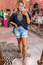 Black Dolman Half Sleeve Leopard Patchwork Trim V Neck Blouse