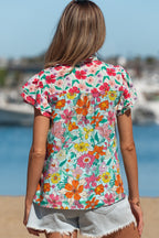 Sky Blue Floral Print Split Neck Button Front Flutter Sleeve Blouse