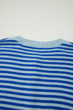 Blue Stripe Loose Half Sleeve Knit Button Down Sweater Cardigan