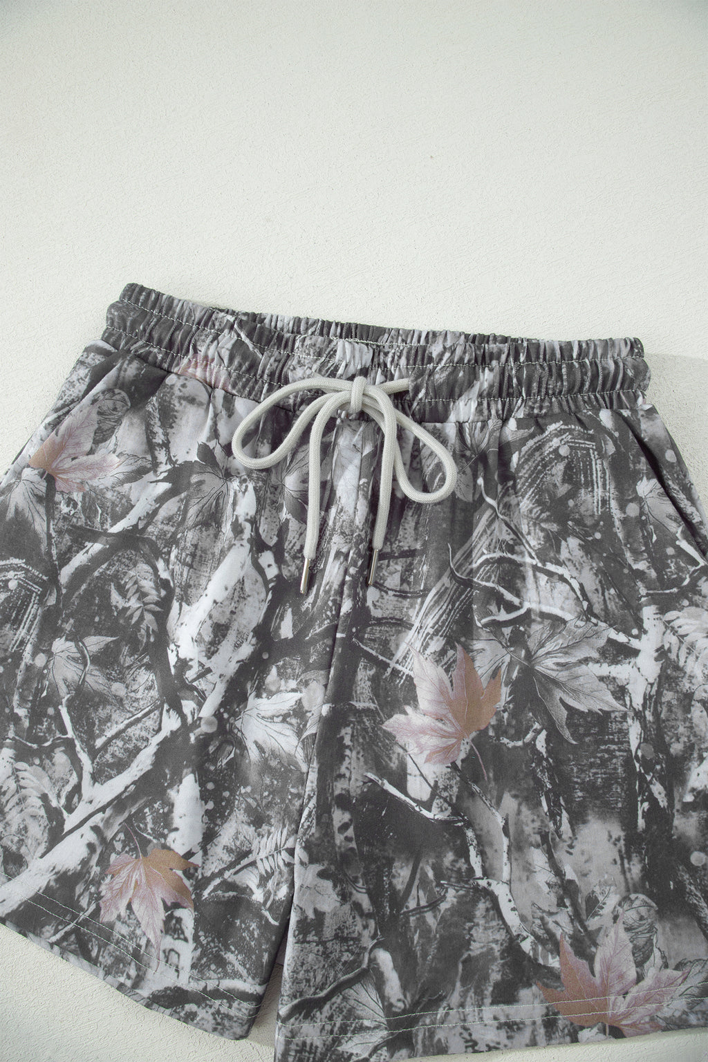 Grey Abstract Maple Leaf Printed Tie Elastic Waist Shorts