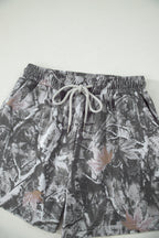 Grey Abstract Maple Leaf Printed Tie Elastic Waist Shorts