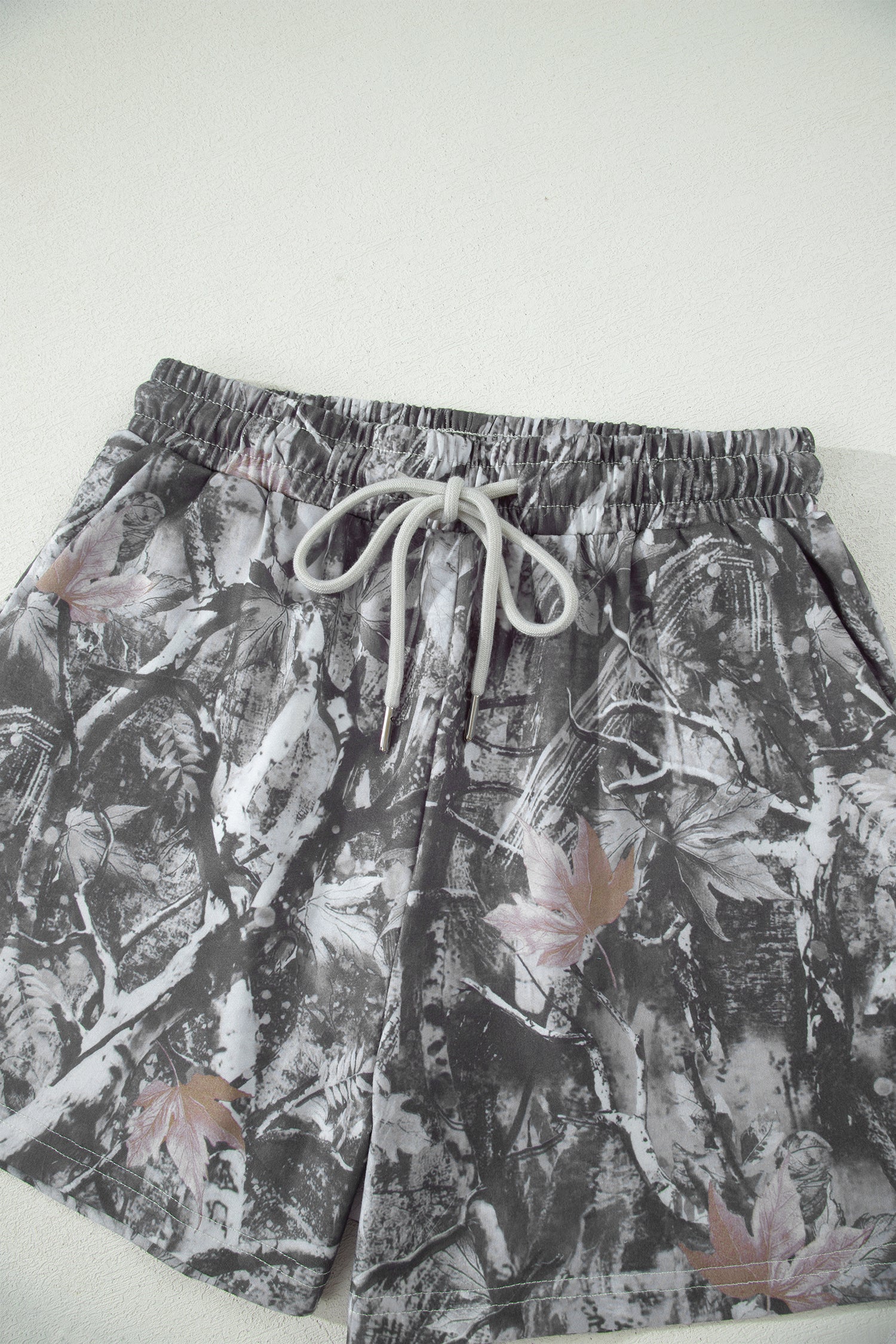 Grey Abstract Maple Leaf Printed Tie Elastic Waist Shorts