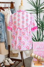 Purple Coquette Floral Bow Printed Contrast Ruffled Short Sleeve Blouse