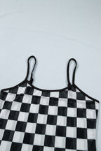 Black Sheer Checkered Print Spaghetti Straps Slim Tank Top
