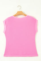 Solid Coluor Raw Seam Waffled Patchwork Casual T Shirt