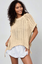 Plus Size Open Knit Bow Tie Short Sleeve Sweater