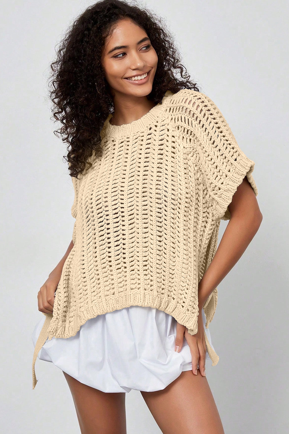 Plus Size Open Knit Bow Tie Short Sleeve Sweater