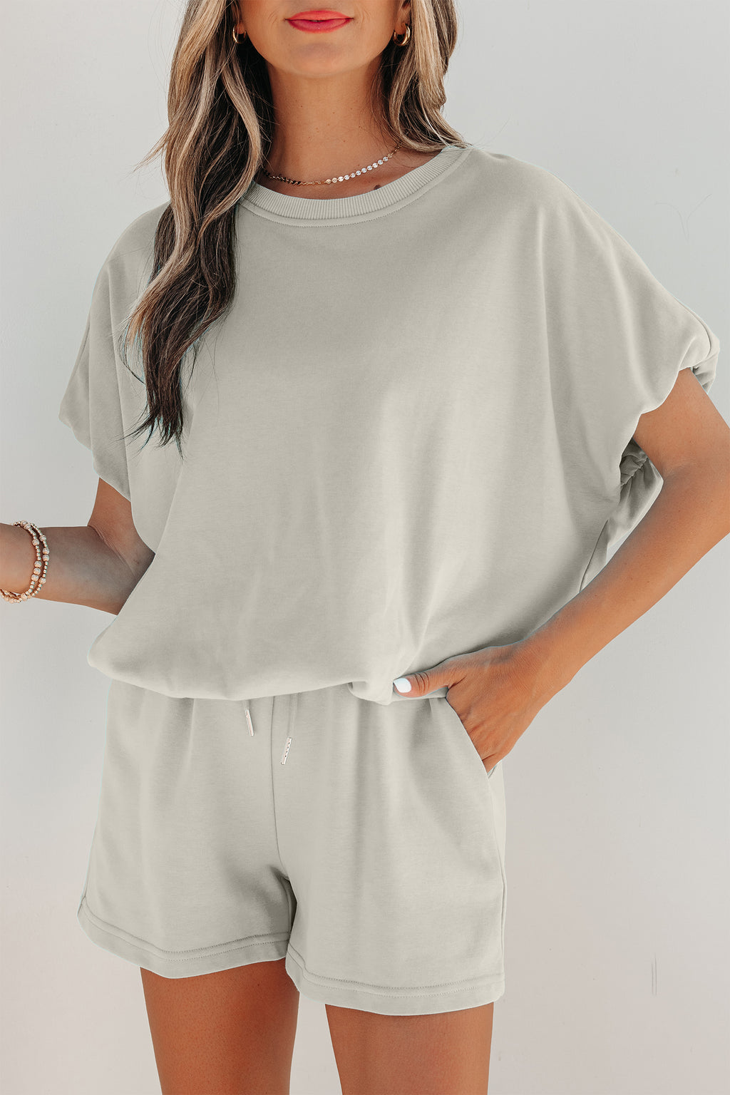 Solid Colour Puffy Loose Top Drawstring Shorts 2pcs Outfit