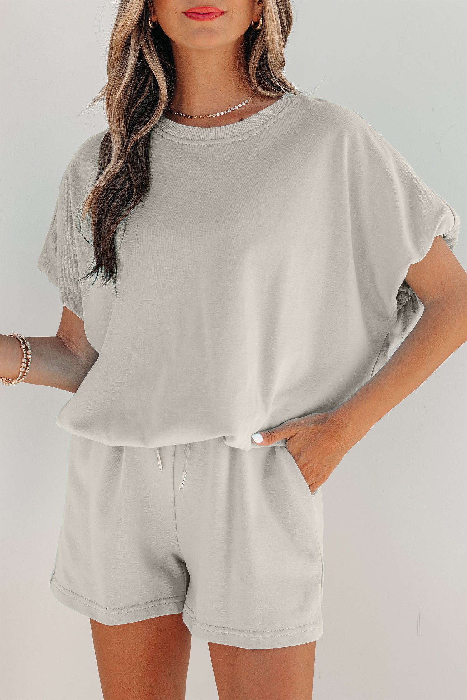 Solid Colour Puffy Loose Top Drawstring Shorts 2pcs Outfit
