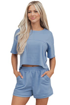 Solid Color Contrast Textured Patchwork Raw Edge 2pcs Short Set