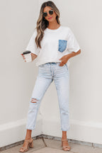 Color Block Chest Pocket Patched Casual Short Sleeve Top