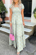 Floral Short Bubble Sleeve Shirred High Waist Maxi Dress