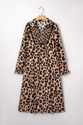 Brown Leopard Print Smocked Detail Flowy Midi Dress