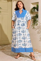Sky Blue Plus Size Floral Print Contrast Boho Patchwork V Neck Loose Midi Dress
