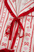 Red Sweet Floral Heart Bow Print Contrast Trim Long Sleeve Shirt Pyjama Short Set