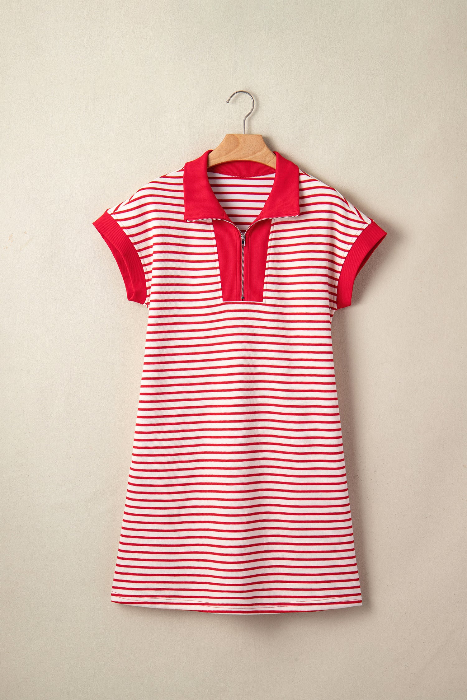 Striped Quarter Zip Polo Collar T Shirt Dress with Pockets