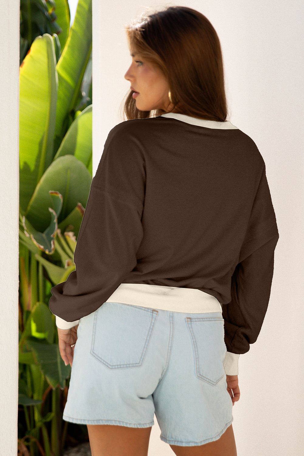 Raw Edge Flower Patch Drop Shoulder Casual Top