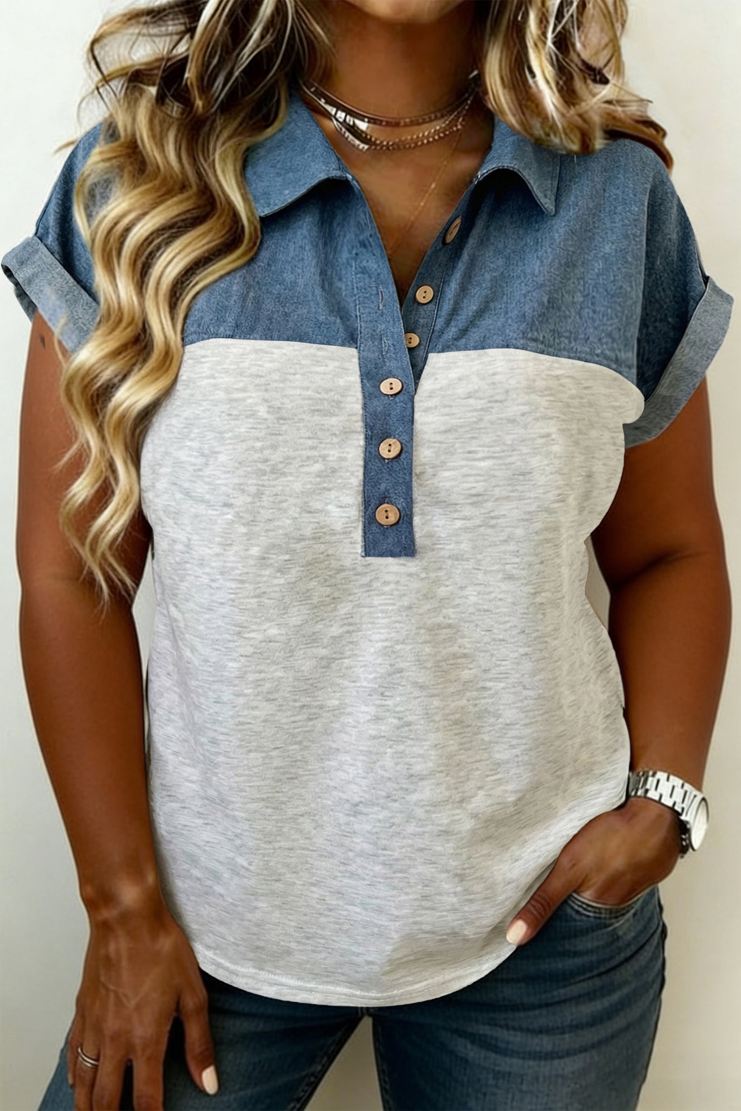 Light Grey Half Buttons Collared Denim Patchwork Plus Size Short Sleeve Top