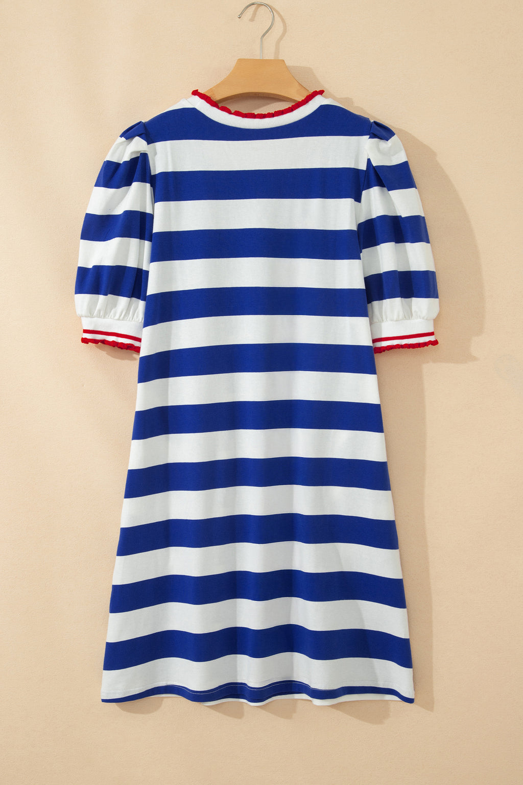 Striped Contrast Trim Round Neck Short Puff Sleeve Shift Mini Dress