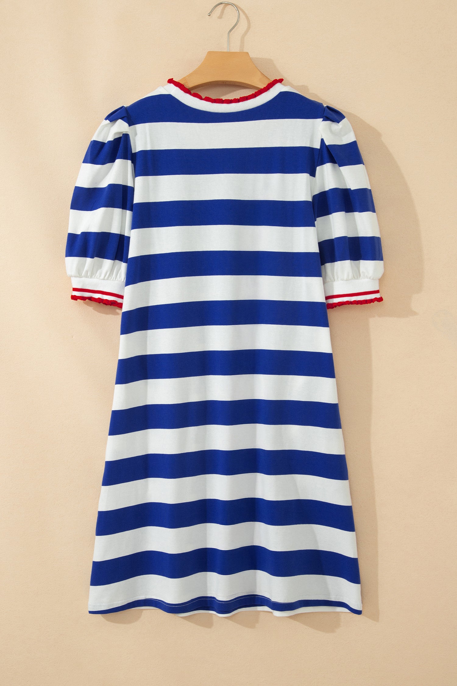 Striped Contrast Trim Round Neck Short Puff Sleeve Shift Mini Dress