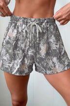 Grey Abstract Maple Leaf Printed Tie Elastic Waist Shorts