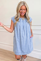 Beau Blue Cap Sleeve Pleated Round Neck Denim Shift Dress