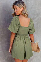 Jungle Green Square Neck Ruched Puff Sleeve Romper